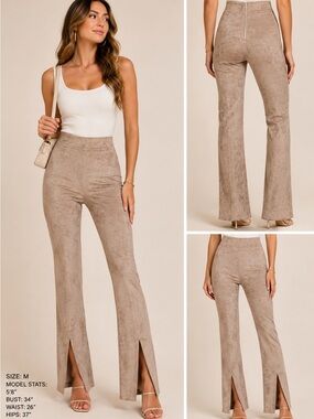 Amanda Uprichard BN Taupe High-Waist Split-Hem faux Suede Flare Pants